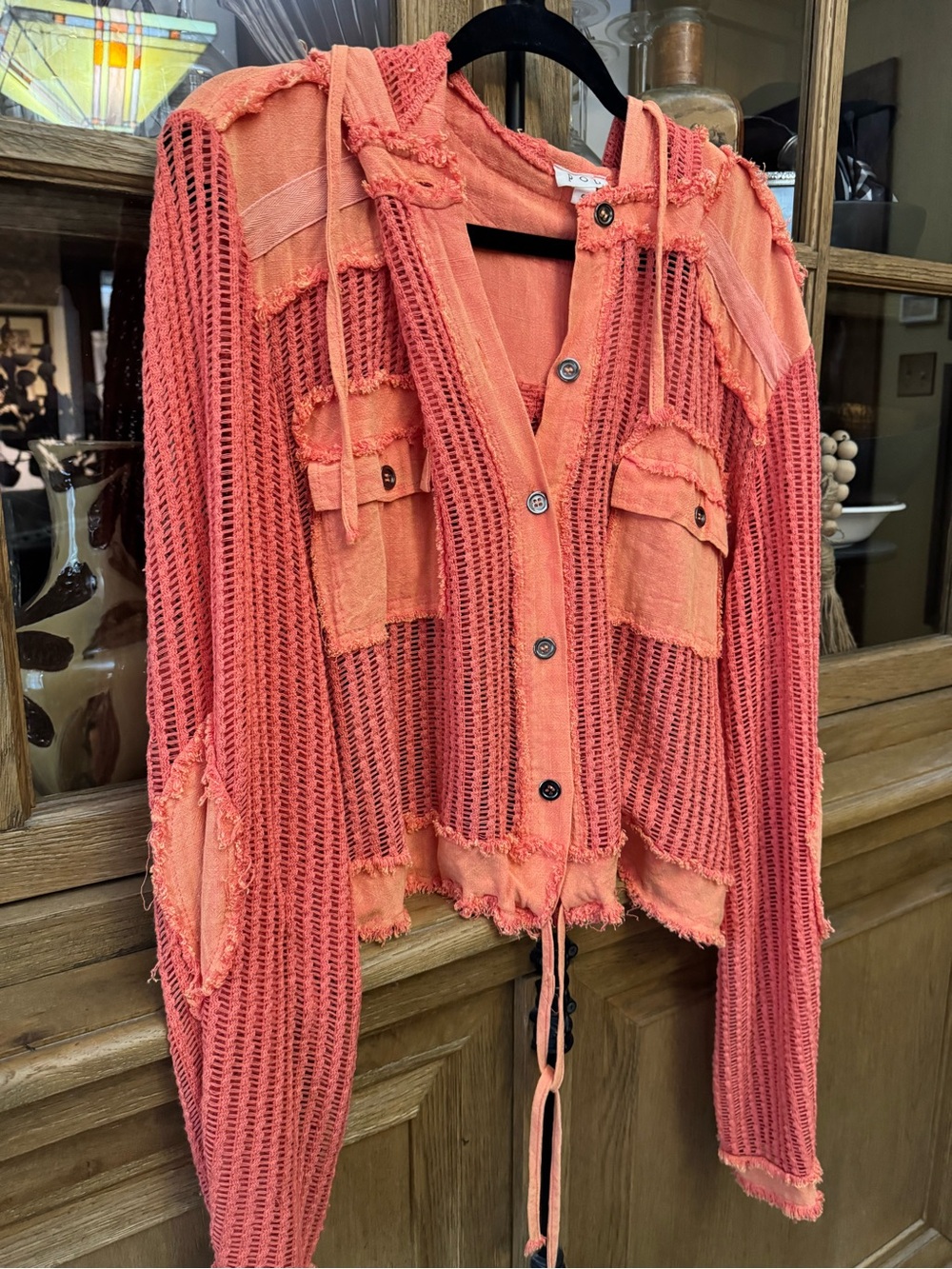 POL Coral Open-Knit Button-Down Shirt Jacket